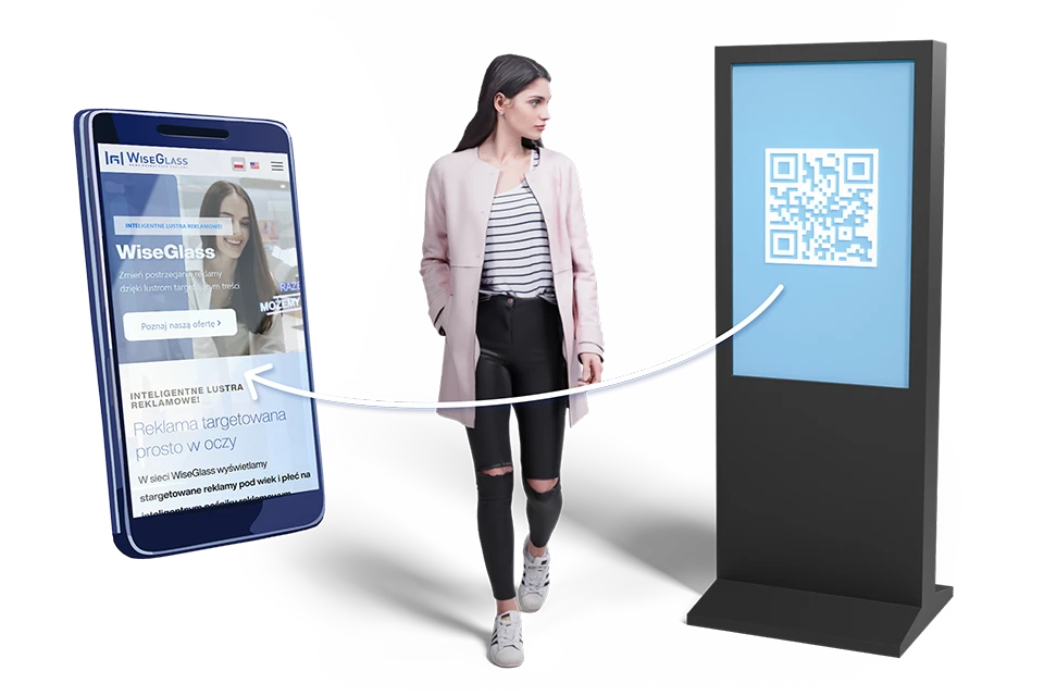 Ilustracja – kobieta przechodzi obok totemu który wyświetla kod QR. Kod QR wskazuje na telefon ze stroną internetową.